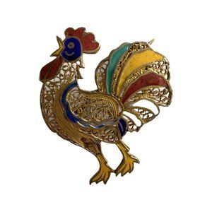 Vintage Filigree Gold Tone Wash  w/Enamel Accents Rooster Brooch/pin